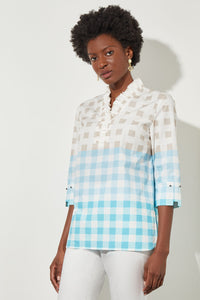 Plus Size Ruffle V-Neck Blouse - Gingham Cotton Poplin | Ming Wang