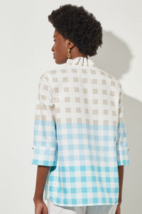 Plus Size Ruffle V-Neck Blouse - Gingham Cotton Poplin | Ming Wang