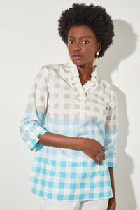 Plus Size Ruffle V-Neck Blouse - Gingham Cotton Poplin | Ming Wang