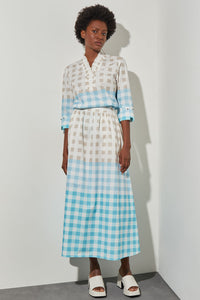 Plus Size Maxi A-Line Skirt - Gingham Cotton Poplin, Dew Blue/Haze/Limestone/White | Ming Wang