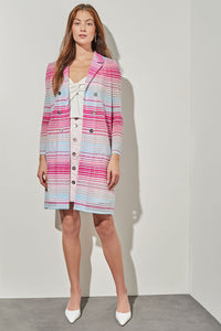 Plus Size Longline Jacket - Sheer Striped Soft Knit, Perfect Pink/Carmine Rose/Moonbeam/Haze/White | Ming Wang