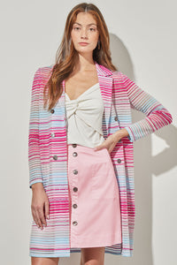 Plus Size Longline Jacket - Sheer Striped Soft Knit, Perfect Pink/Carmine Rose/Moonbeam/Haze/White | Ming Wang