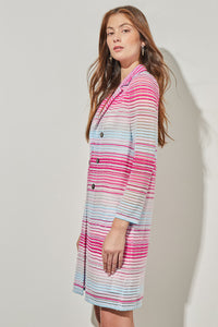 Plus Size Longline Jacket - Sheer Striped Soft Knit, Perfect Pink/Carmine Rose/Moonbeam/Haze/White | Ming Wang