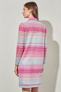 Plus Size Longline Jacket - Sheer Striped Soft Knit, Perfect Pink/Carmine Rose/Moonbeam/Haze/White | Ming Wang