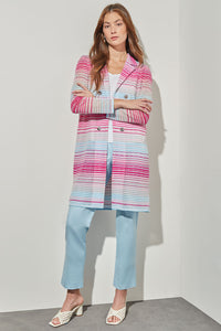 Plus Size Longline Jacket - Sheer Striped Soft Knit, Perfect Pink/Carmine Rose/Moonbeam/Haze/White | Ming Wang