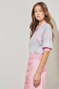 Shirt Collar Tunic - Puff Sleeve Mixed Media Knit, Perfect Pink/Moonbeam/Haze/White | Ming Wang