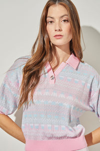 Shirt Collar Tunic - Puff Sleeve Mixed Media Knit, Perfect Pink/Moonbeam/Haze/White | Ming Wang