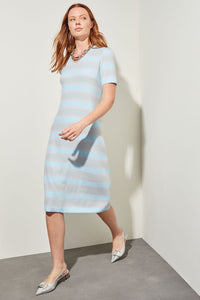 Plus Size Midi Flare Dress - V-Neck Jacquard Soft Knit, Moonbeam/Haze/White | Ming Wang