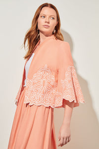 Plus Size Open Front Jacket - Embroidered Woven, Coral Sand/White | Ming Wang