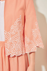 Open Front Jacket - Embroidered Woven, Coral Sand/White | Ming Wang