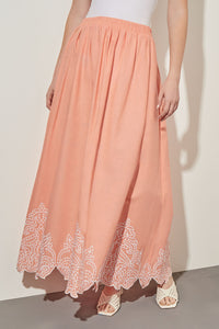 Flare Maxi Skirt - Embroidered Hem Woven, Coral Sand/White | Ming Wang