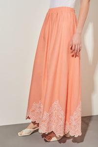 Plus Size Flare Maxi Skirt - Embroidered Hem Woven, Coral Sand/White | Ming Wang