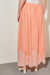 Plus Size Flare Maxi Skirt - Embroidered Hem Woven, Coral Sand/White | Ming Wang