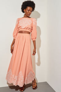 Flare Maxi Skirt - Embroidered Hem Woven, Coral Sand/White | Ming Wang