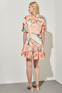 Mini Drop-Waist Flounce Dress - Abstract Woven, Coral Sand/Oceanfront/Limestone/Black/White | Ming Wang