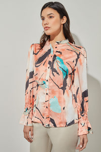 Plus Size Button-Front Blouse - Poet Sleeve Abstract Woven, Coral Sand/Oceanfront/Limestone/Black/White | Ming Wang