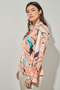 Plus Size Button-Front Blouse - Poet Sleeve Abstract Woven, Coral Sand/Oceanfront/Limestone/Black/White | Ming Wang