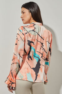 Plus Size Button-Front Blouse - Poet Sleeve Abstract Woven, Coral Sand/Oceanfront/Limestone/Black/White | Ming Wang