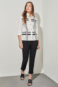 Plus Size Stand Collar Jacket - Mixed Media Cotton Tencel, White/Black | Ming Wang