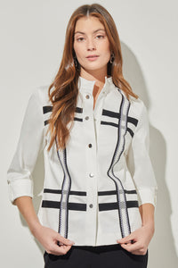 Stand Collar Jacket - Mixed Media Cotton Tencel, White/Black | Ming Wang