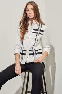 Stand Collar Jacket - Mixed Media Cotton Tencel, White/Black | Ming Wang