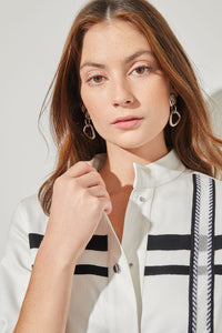 Stand Collar Jacket - Mixed Media Cotton Tencel, White/Black | Ming Wang