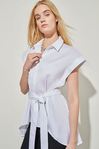 High-Low Shirt - Tie-Waist Stretch Cotton, White | Ming Wang