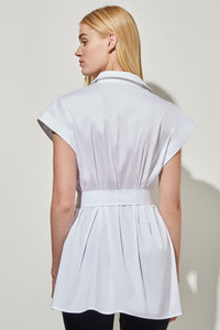 High-Low Shirt - Tie-Waist Stretch Cotton, White | Ming Wang