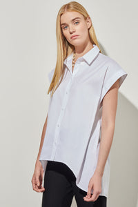 Plus Size High-Low Shirt - Tie-Waist Stretch Cotton, White | Ming Wang