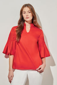 Split Neck Blouse - Pleated Bell Sleeve Cotton Blend | Ming Wang