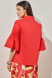 Split Neck Blouse - Pleated Bell Sleeve Cotton Blend | Ming Wang