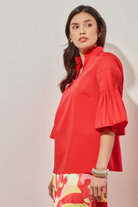 Split Neck Blouse - Pleated Bell Sleeve Cotton Blend | Ming Wang