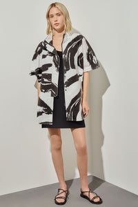 Dolman Sleeve Jacket - Abstract Cotton Blend, White/Black | Ming Wang