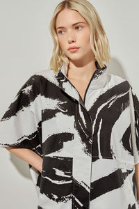 Dolman Sleeve Jacket - Abstract Cotton Blend, White/Black | Ming Wang