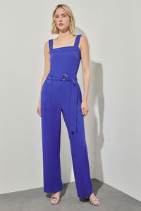 Belted Jumpsuit - Sleeveless Deco Crepe, Sapphire Sea | Ming Wang