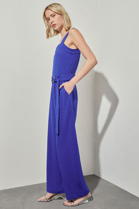 Belted Jumpsuit - Sleeveless Deco Crepe, Sapphire Sea | Ming Wang