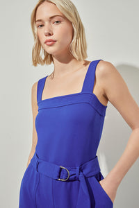 Belted Jumpsuit - Sleeveless Deco Crepe, Sapphire Sea | Ming Wang