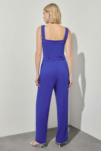 Belted Jumpsuit - Sleeveless Deco Crepe, Sapphire Sea | Ming Wang