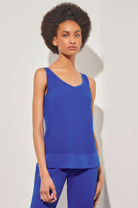 Plus Size V-Neck Tank - Side-Slit Soft Knit, Sapphire Sea | Ming Wang