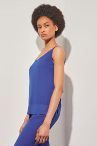 Plus Size V-Neck Tank - Side-Slit Soft Knit, Sapphire Sea | Ming Wang