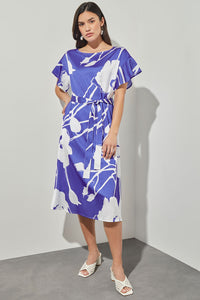 Plus Size Shift Below Knee Dress - Belted Floral Crepe de Chine | Ming Wang