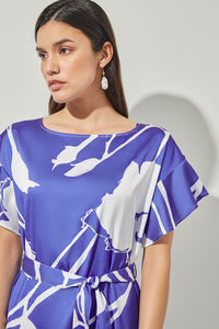 Plus Size Shift Below Knee Dress - Belted Floral Crepe de Chine | Ming Wang