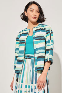 Plus Size Zip-Front Jacket - Collarless Abstract Woven | Ming Wang