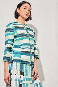 Plus Size Zip-Front Jacket - Collarless Abstract Woven | Ming Wang