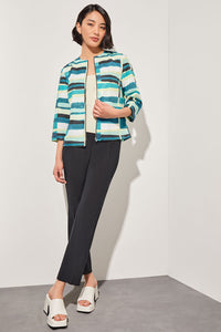 Plus Size Zip-Front Jacket - Collarless Abstract Woven | Ming Wang