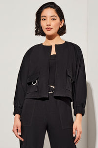 Plus Size Relaxed Fit Jacket - Drop Shoulder Deco Crepe, Black | Ming Wang