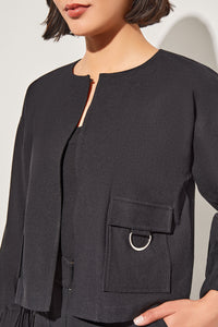 Plus Size Relaxed Fit Jacket - Drop Shoulder Deco Crepe, Black | Ming Wang