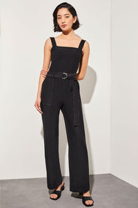 Belted Jumpsuit - Sleeveless Deco Crepe, Black | Ming Wang