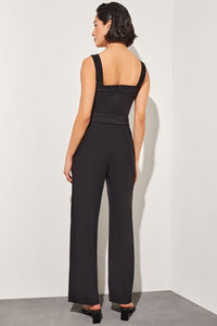 Belted Jumpsuit - Sleeveless Deco Crepe, Black | Ming Wang