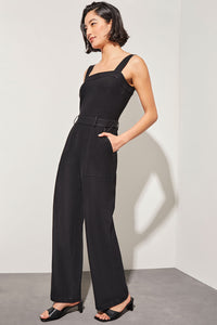 Belted Jumpsuit - Sleeveless Deco Crepe, Black | Ming Wang